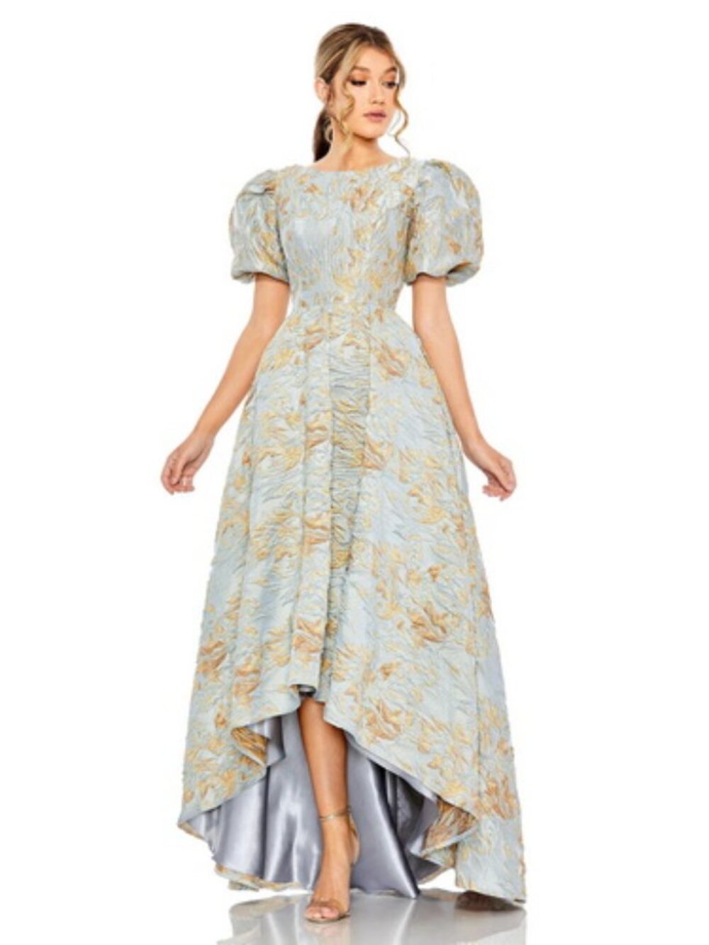 Mac Duggal Platinum Gold Floral Puff Sleeve High Low Brocade Gown